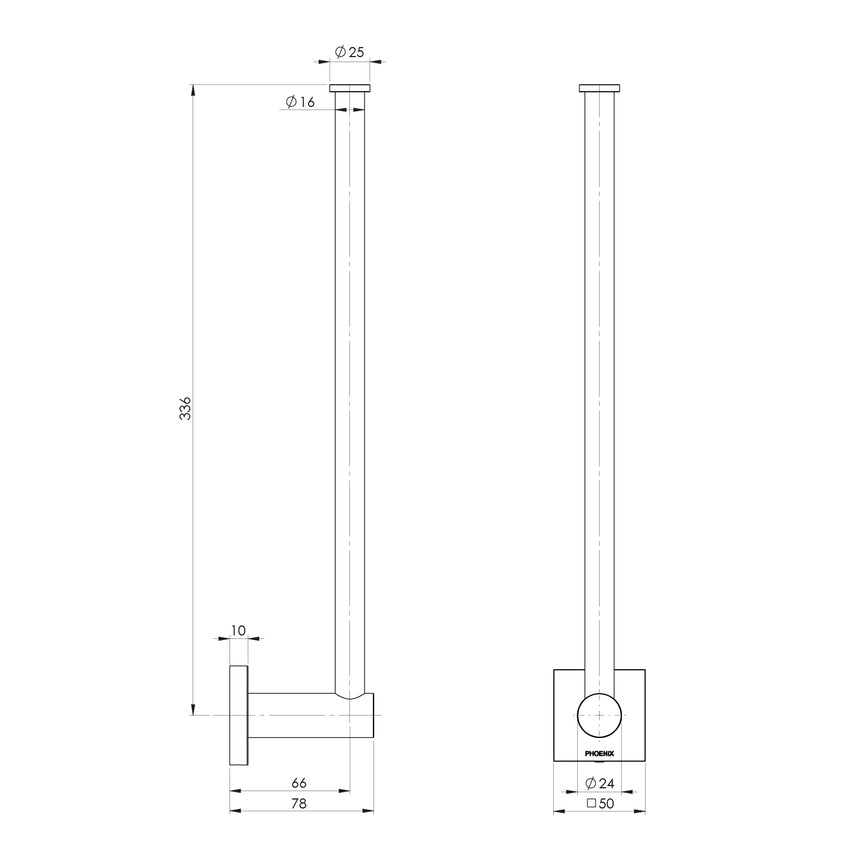 Phoenix Radii Spare Toilet Roll Holder Square Plate Chrome, technical line drawing with dimensions