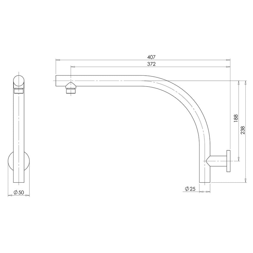Phoenix Rush High-Rise Shower Arm Brushed Gold, technical line drawing with dimensions