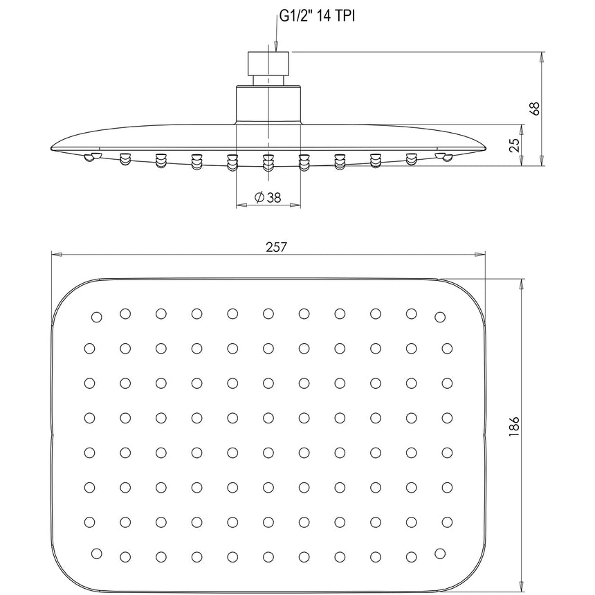 Phoenix Rush Shower Rose 200 x 250mm Chrome, technical line drawing with dimensions
