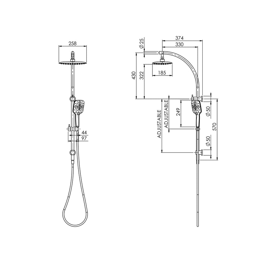 Phoenix Rush Twin Shower Chrome, technical line drawing with dimensions