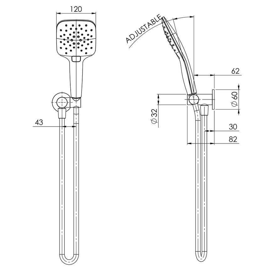 Phoenix Rush Hand Shower Chrome, technical line drawing with dimensions