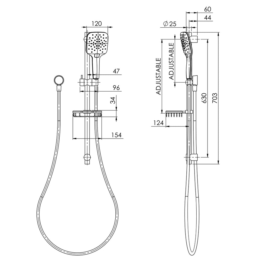 Phoenix Rush Rail Shower Chrome, technical line drawing with dimensions