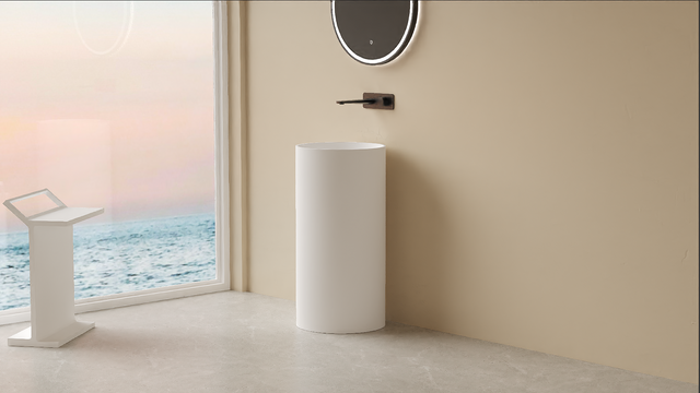 Lukka Olley 450x450mm 450x450x900mm matte white solid surface pedestal basin by Tilemall installed in bathroom interior