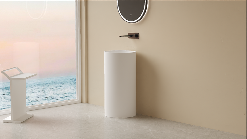 Lukka Olley 450x450mm 450x450x900mm matte white solid surface pedestal basin by Tilemall installed in bathroom interior