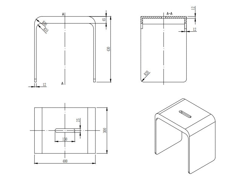 Lukka 400x300mm chasey bath stool technical specifications showing dimensions 400x300x430mm by Tilemall