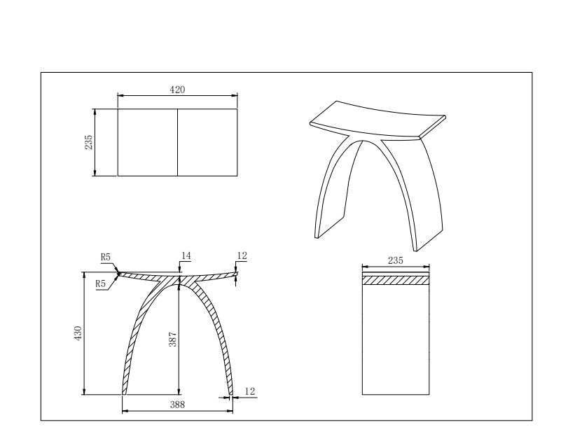 Lukka perry bath stool technical specifications showing dimensions 420mm width, 235mm depth, 430mm height by Tilemall