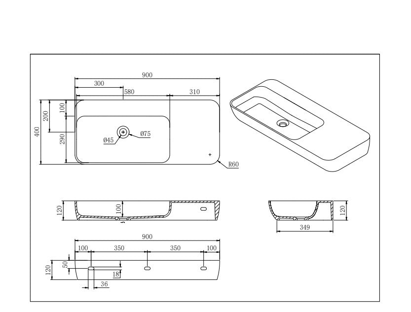 Technical dimensions diagram for Lukka Rocca 900x400mm 900x400x120mm wall-hung basin showing bowl and mounting specs by Tilemall