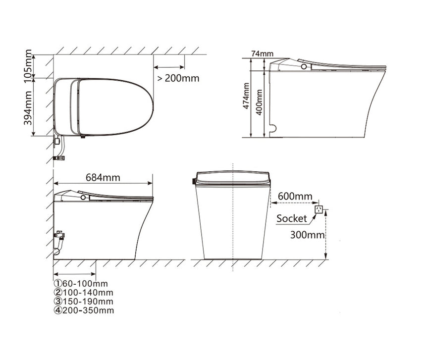 Technical dimensions diagram for Lukka Samos back-to-wall smart toilet: 684mm width, 394mm depth, 105mm height, 600mm by Tilemall