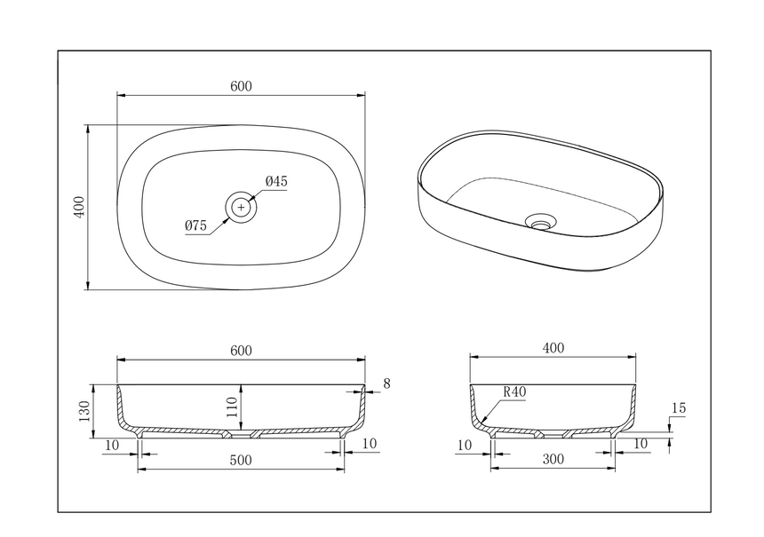 Lukka technical dimensions diagram for Ellips 600x400mm basin showing tap hole locations by Tilemall