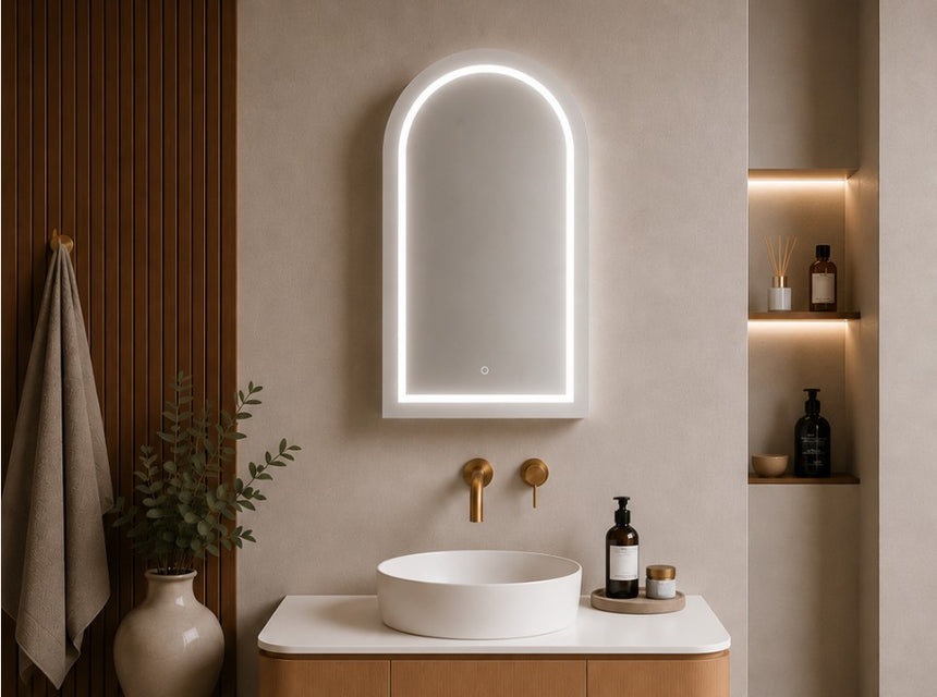 Lukka Allison Triple LED Shaving Cabinet allison LED shaving cabinet installed in modern bathroom with natural wood wall by Tilemall
