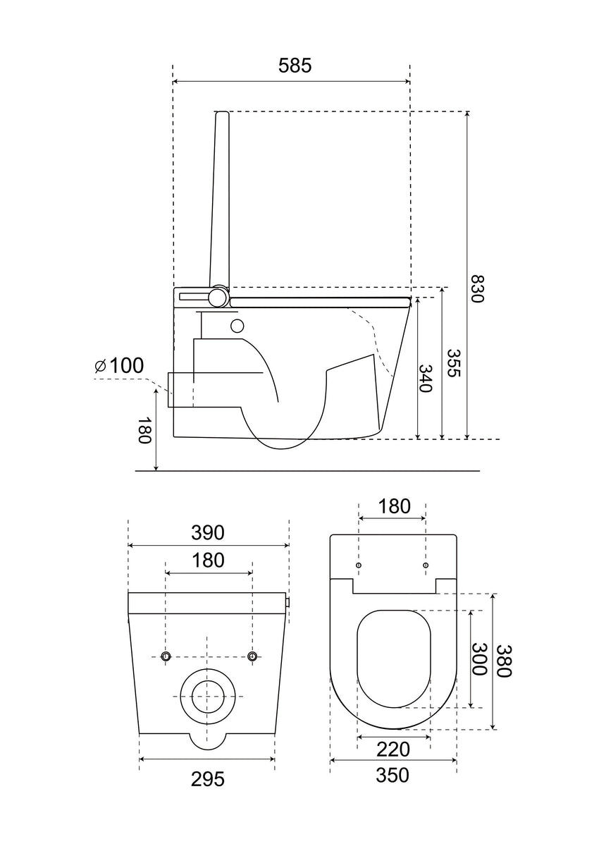 Technical dimensions diagram for Lukka Evo 585mm wall-hung smart toilet with 100mm outlet by Tilemall