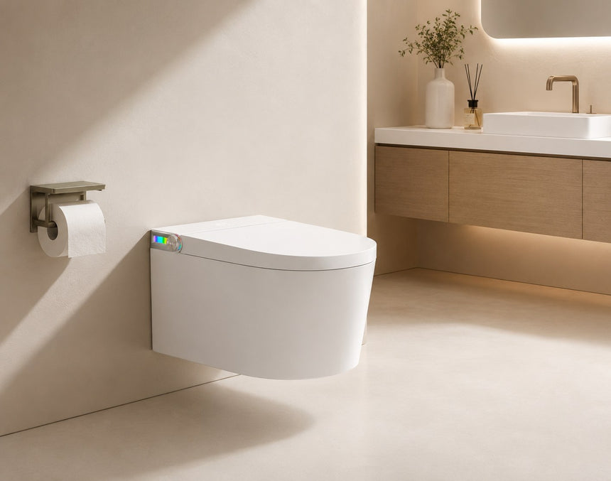 Lukka Evo wall-hung smart toilet with T6 smart seat in gloss white porcelain, installed in modern bathroom interior by Tilemall