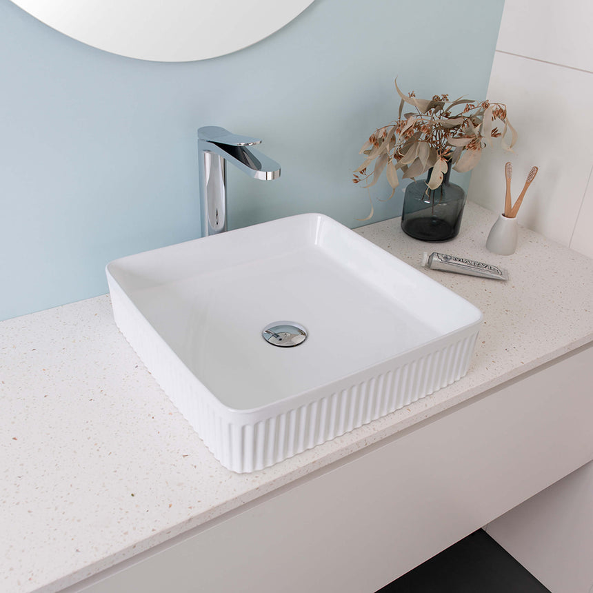 ADP Square Fluted Above Counter Basin Gloss White Bathroom Basin ADP   