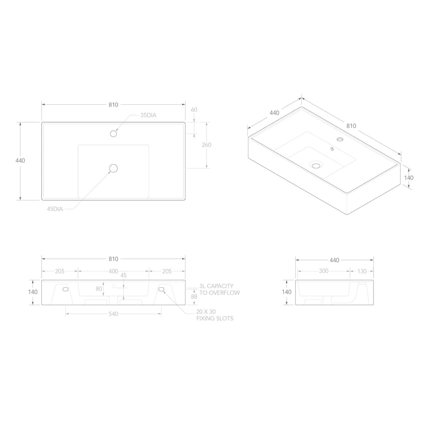 ADP Teorema Wall Basin 800 Centre with Tap Hole Bathroom Basin ADP   