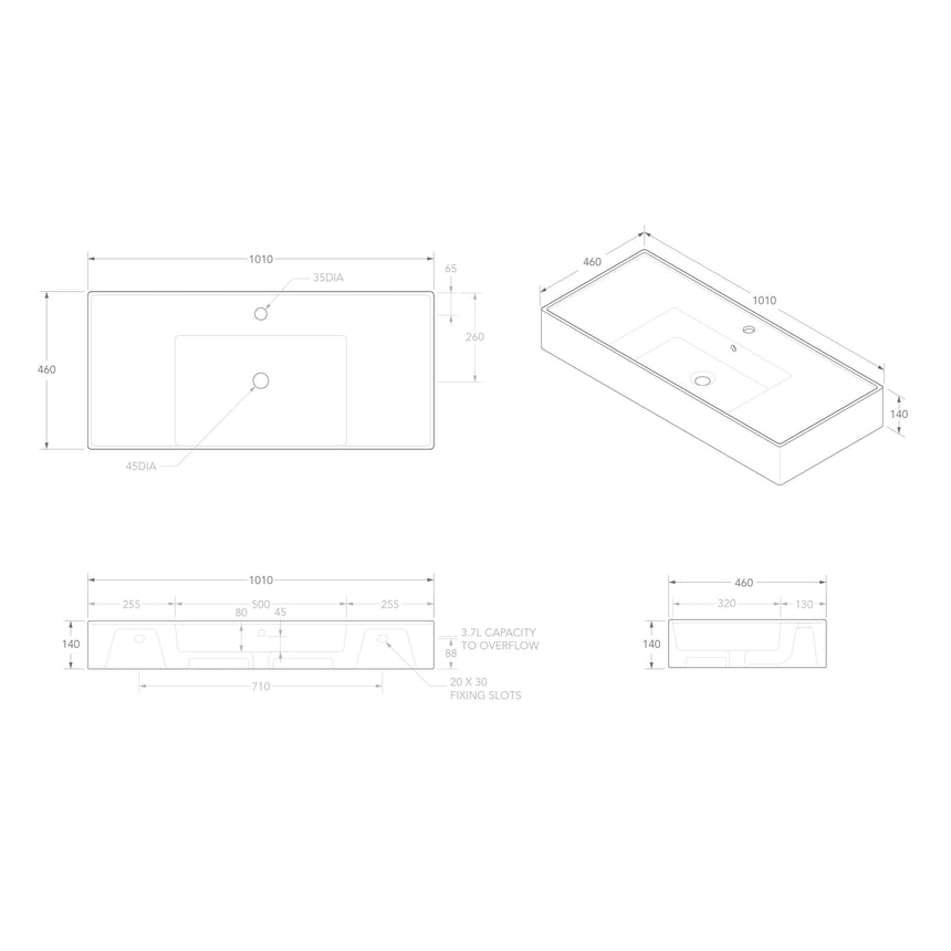 ADP Teorema Wall Basin 1000 Centre with Tap Hole Bathroom Basin ADP   