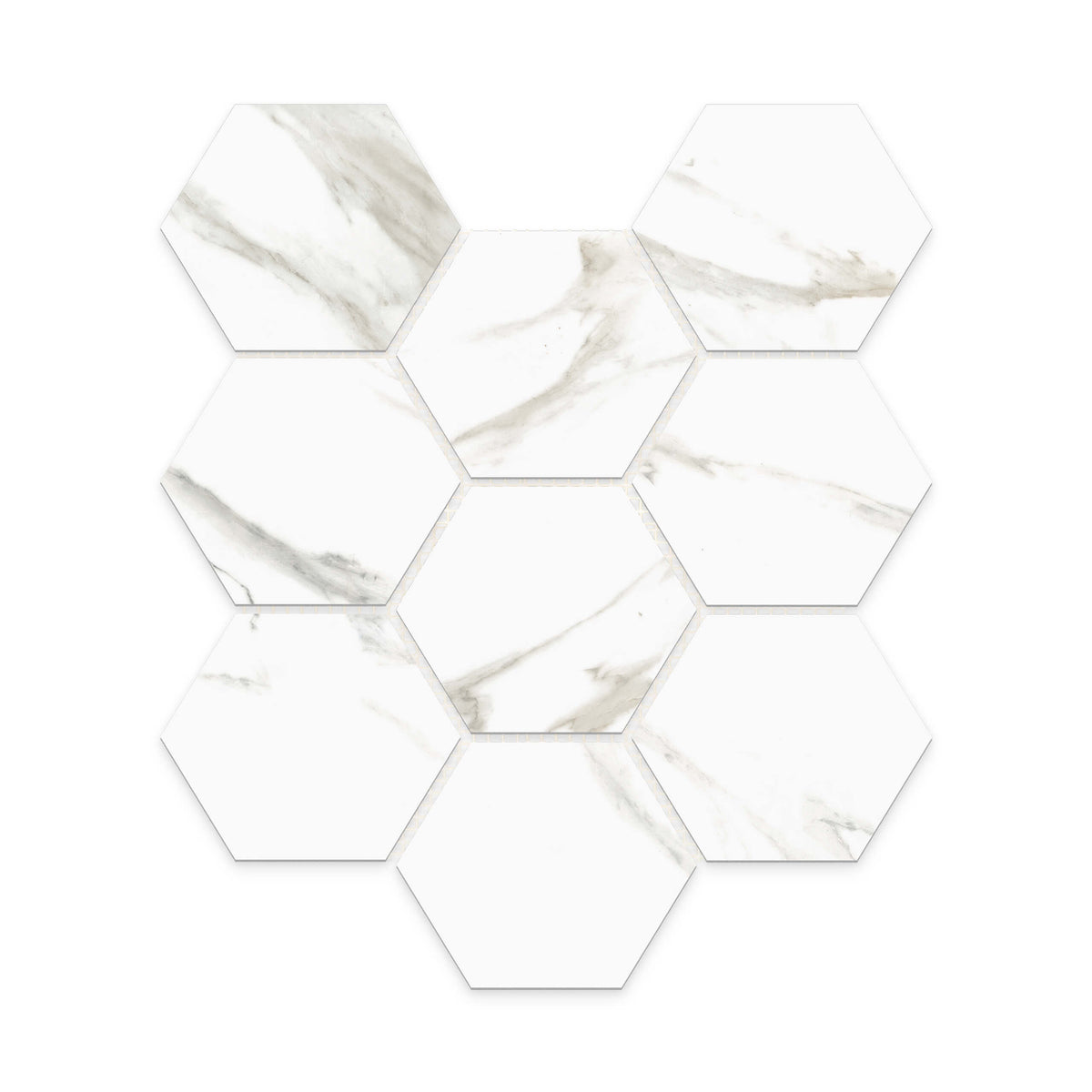 Calacutta Oro 100x100mm polished white hexagon porcelain mosaic tiles by Tilemall in grid layout with grey marble veining