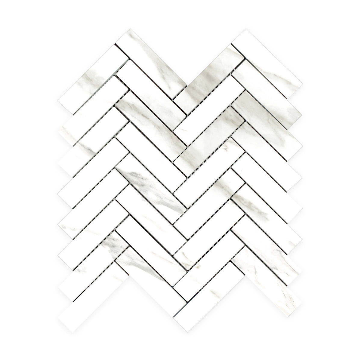 Calacutta Oro 20x100mm matt white porcelain mosaic tiles in herringbone pattern by Tilemall