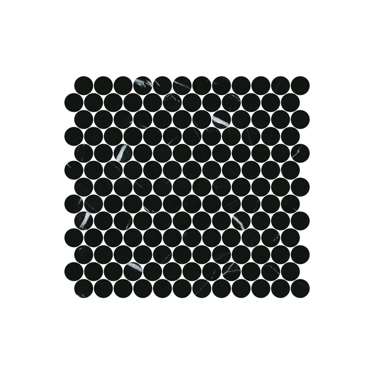 Artemis PennyRound 23x23mm honed black Nero Marquina marble mosaic tiles in grid layout with white veining variation by Tilemall