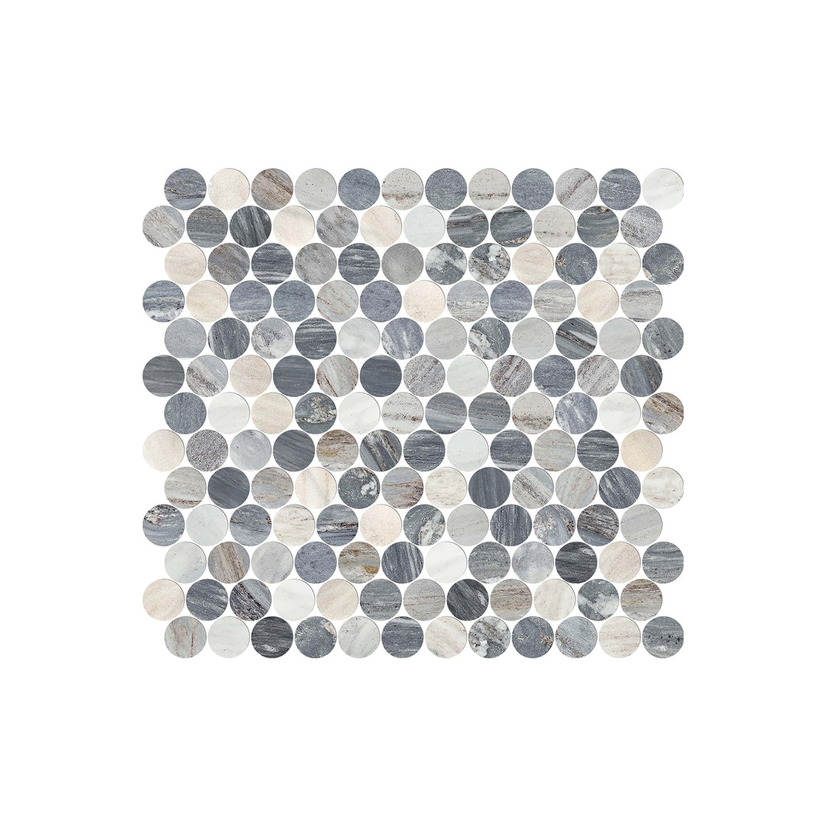 Artemis PennyRound 23x23mm honed marble mosaic in stacked arrangement showing blue sandstone shade variation across tiles by Tilemall