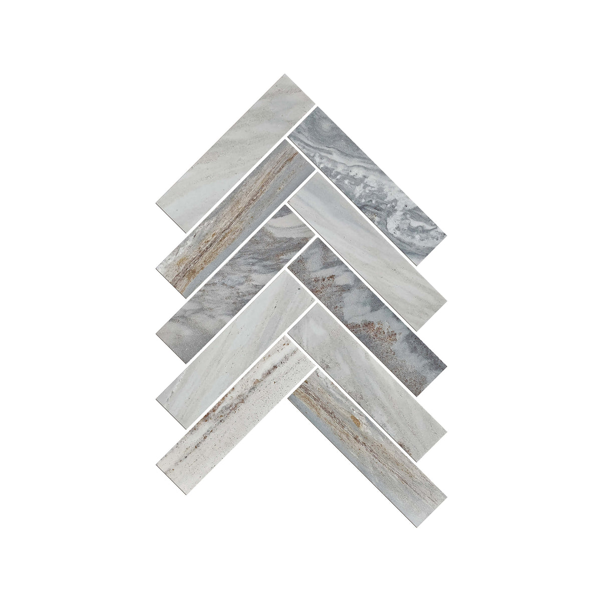 Artemis 35x150mm honed blue sandstone marble mosaic tiles in herringbone pattern layout by Tilemall
