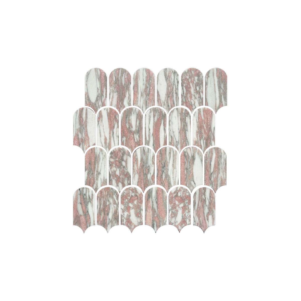 Artemis Feather 50x103mm honed Norwegian pink marble mosaic tiles in stacked arch arrangement showing natural veining by Tilemall