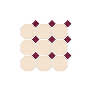 Octagon 97x97mm matt cream porcelain mosaic tile with burgundy dot accents in grid layout by Tilemall