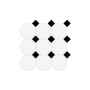 Octagon 97x97mm matt white porcelain mosaic tiles with matt black dot accents in grid layout by Tilemall