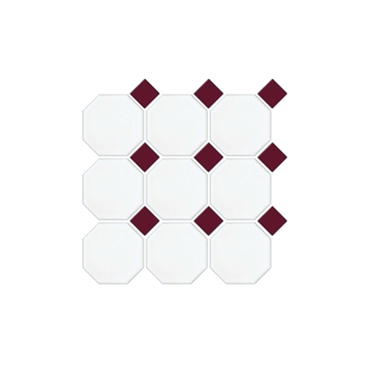 Octagon 97x97mm matt white porcelain mosaic tile with burgundy dot accents in grid layout by Tilemall