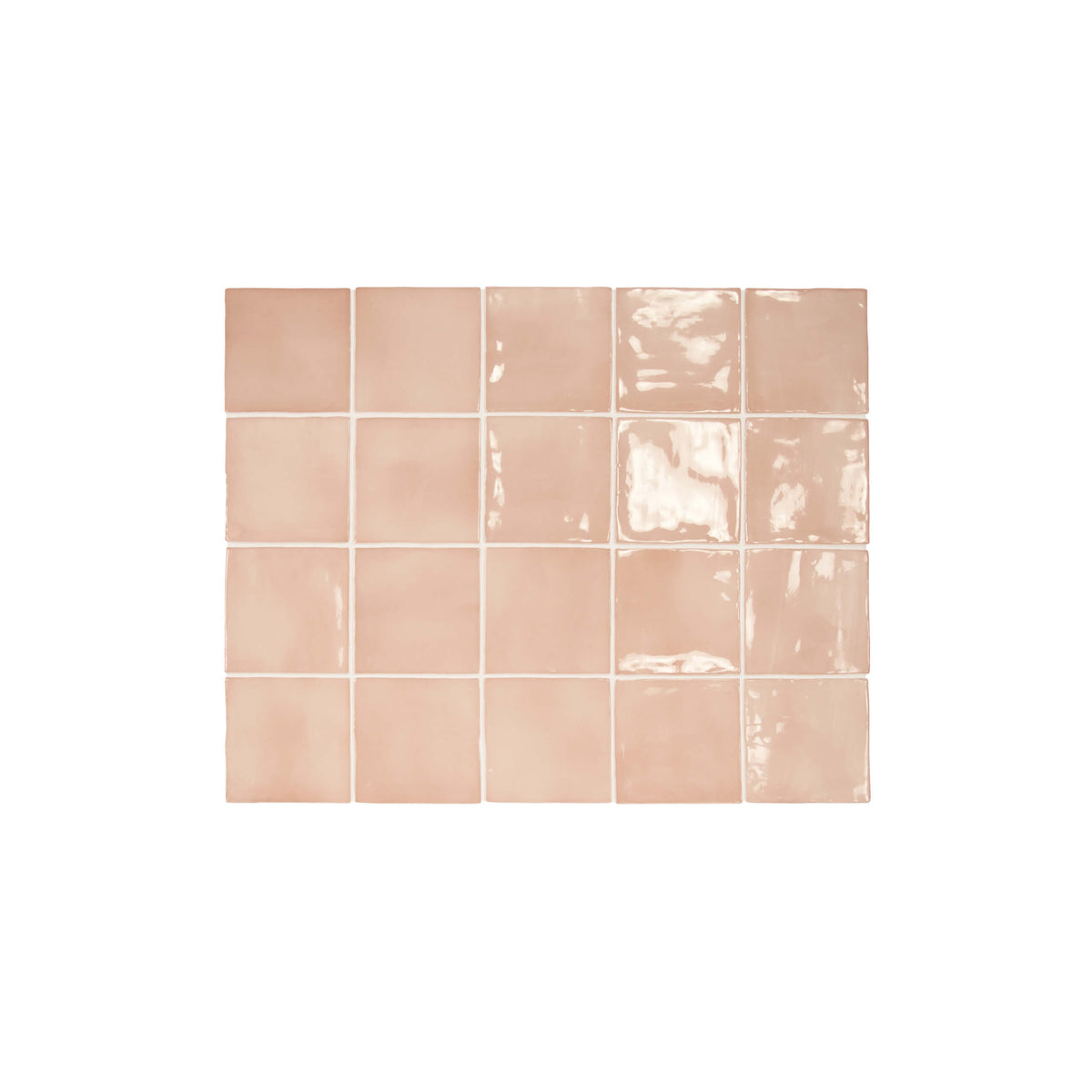Manacor 100x100mm gloss blush pink subway tiles in grid layout with natural glaze variation and reflective sheen by Tilemall