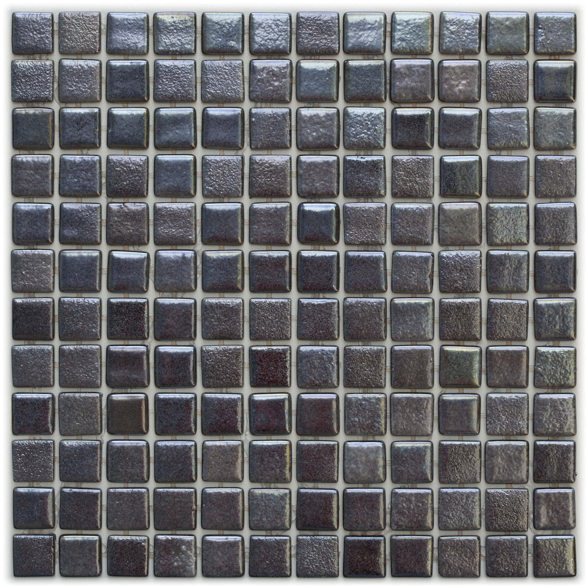 Leyla Mosaic 325x515x5.5mm Bali glass tiles in grid layout showing iridescent charcoal and bronze shade variation by Tilemall