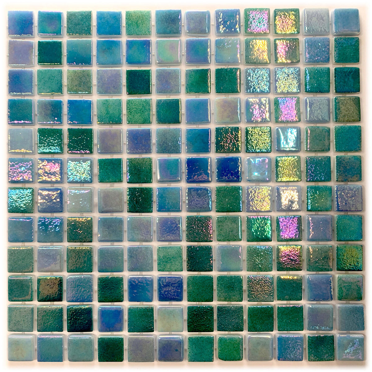 Leyla Byron Bay Mosaic 325x515x5.5mm glass tiles in grid layout showing blue, teal, green and purple shades by Tilemall
