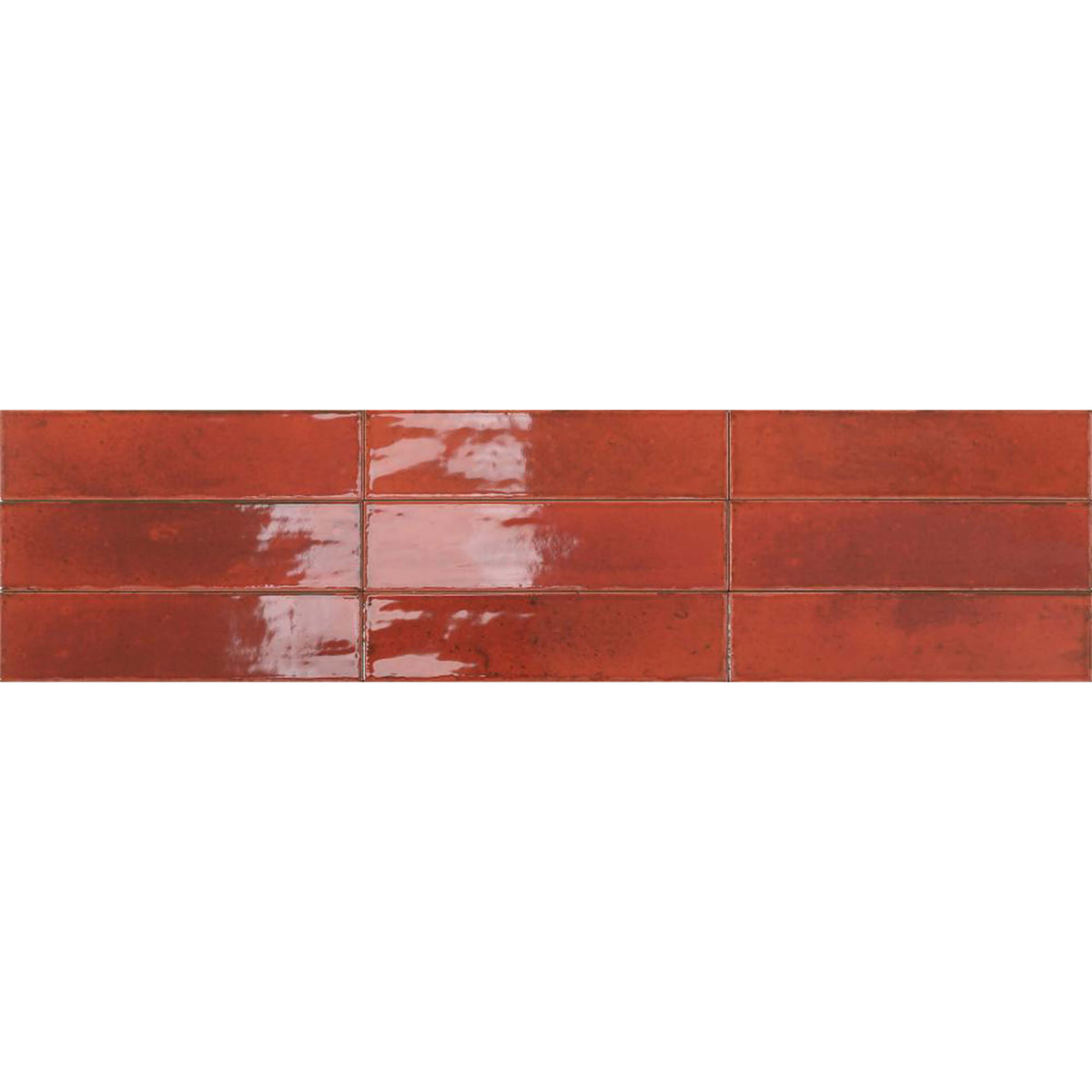 Agadir 70x280mm gloss lava subway tiles in stacked arrangement showing reflective surface and colour variation by Tilemall