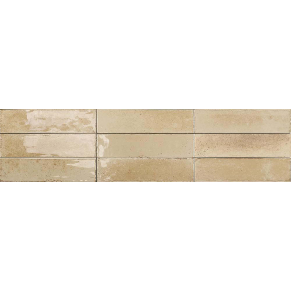 Agadir 70x280mm gloss arena subway tiles in grid layout showing natural shade variation by Tilemall