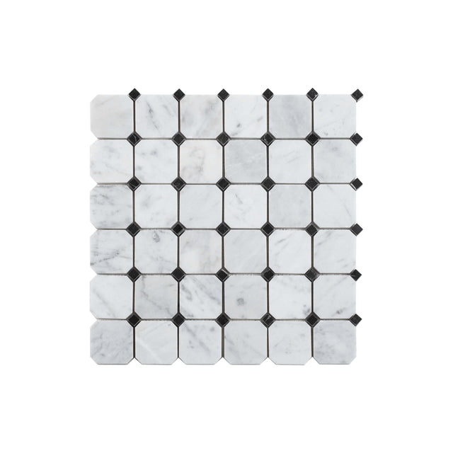 Natural Marble Mosaic Octagon 48x48 Carrara Honed with Nero Marquina Dot Marble Mosaic Tilemall   