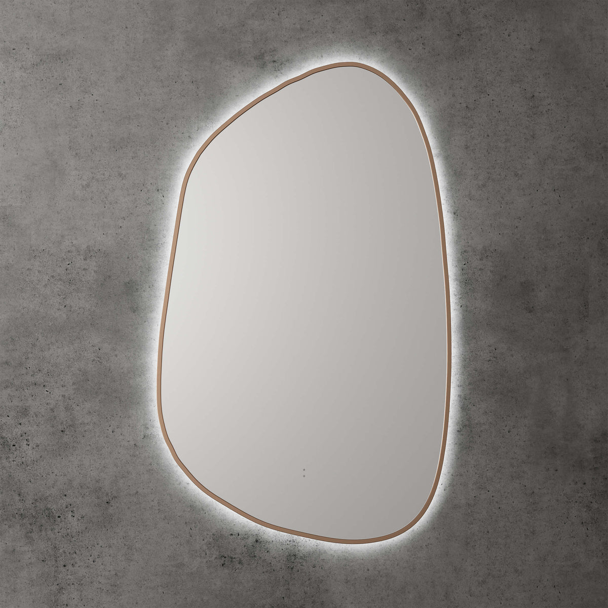 Aulic Tracoola tarcoola asymmetric LED mirror by Tilemall, 553x903mm, brushed bronze frame with backlit glow