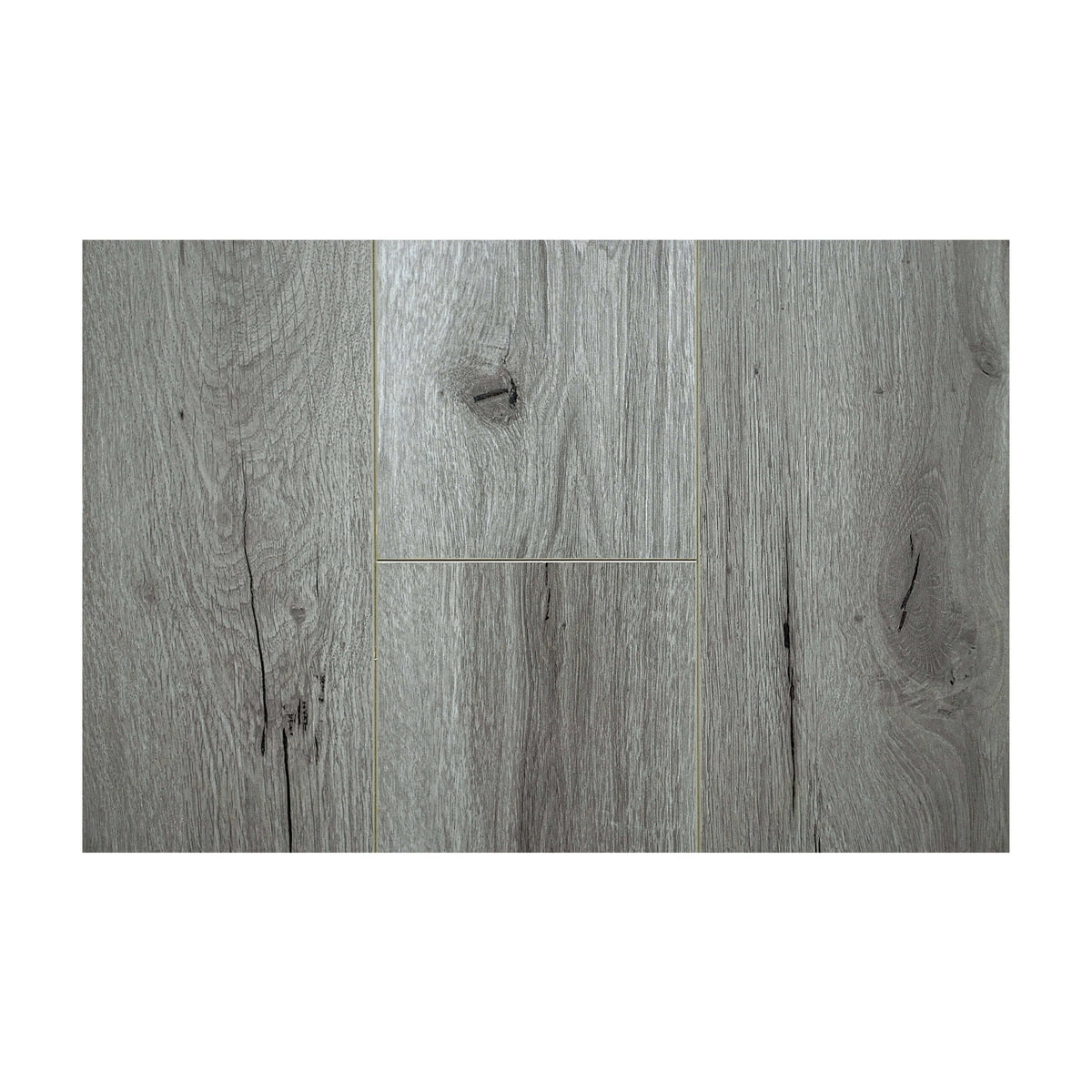 Grey Oak laminate flooring 2280x192mm planks by Tilemall showing natural grain and knot details
