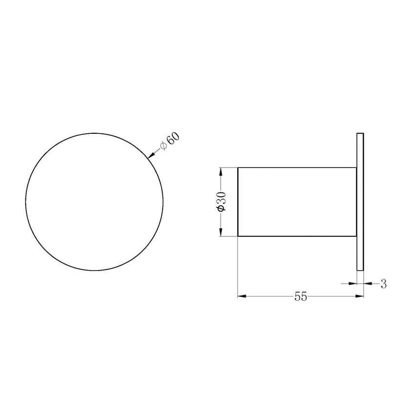 Nero Mecca Robe Hook II technical specifications showing 60mm diameter face and 55mm projection by Tilemall