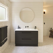 Timberline Nevada Plus floor-standing vanity by Tilemall with matte black timber base and white ceramic top, installed