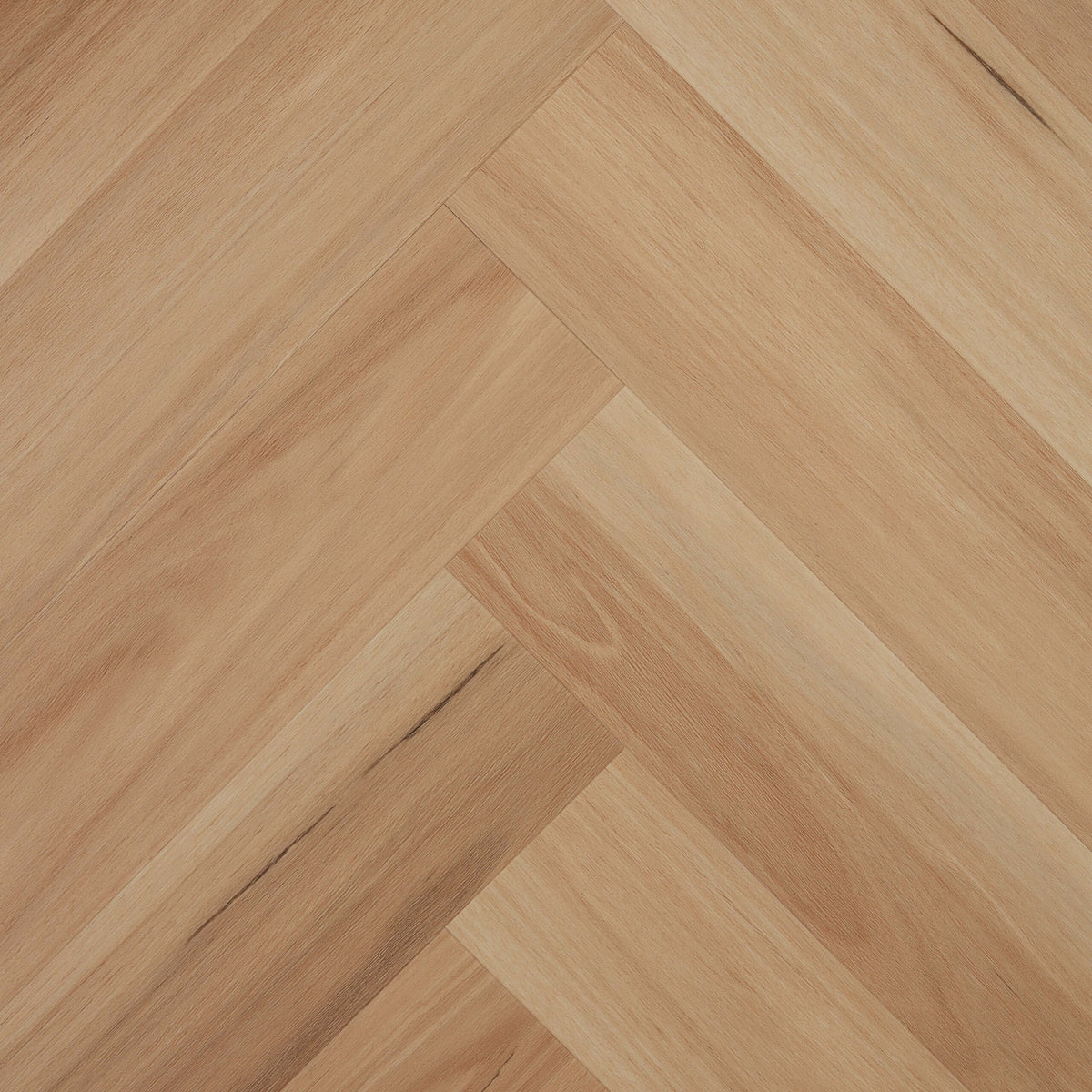 Natural Blackbutt hybrid flooring in herringbone pattern showing 625x125mm planks with matte finish by Tilemall