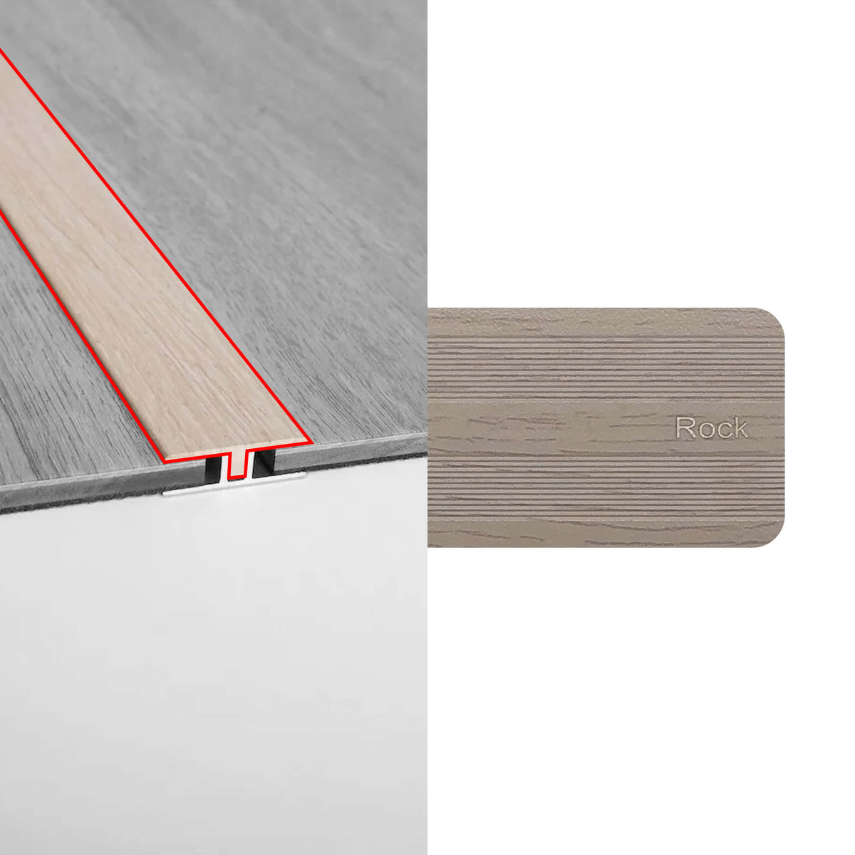 Preference Floors T Moulding 3400mm rock aluminium trim installed between timber and grey vinyl flooring by Tilemall