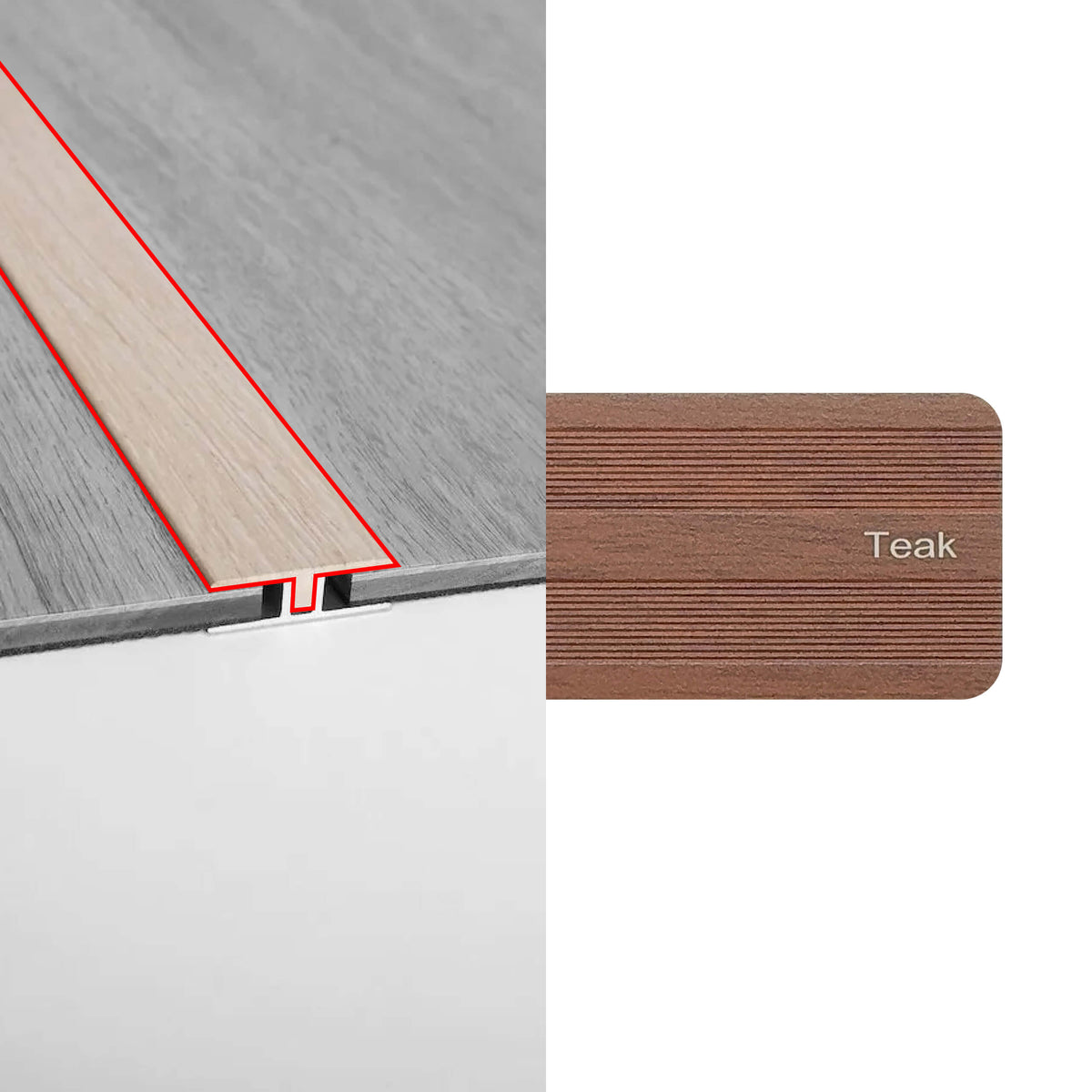 Preference Floors T Moulding 3400mm teak flooring trim for 6.5-8mm transitions, installed between grey and white surfaces by Tilemall