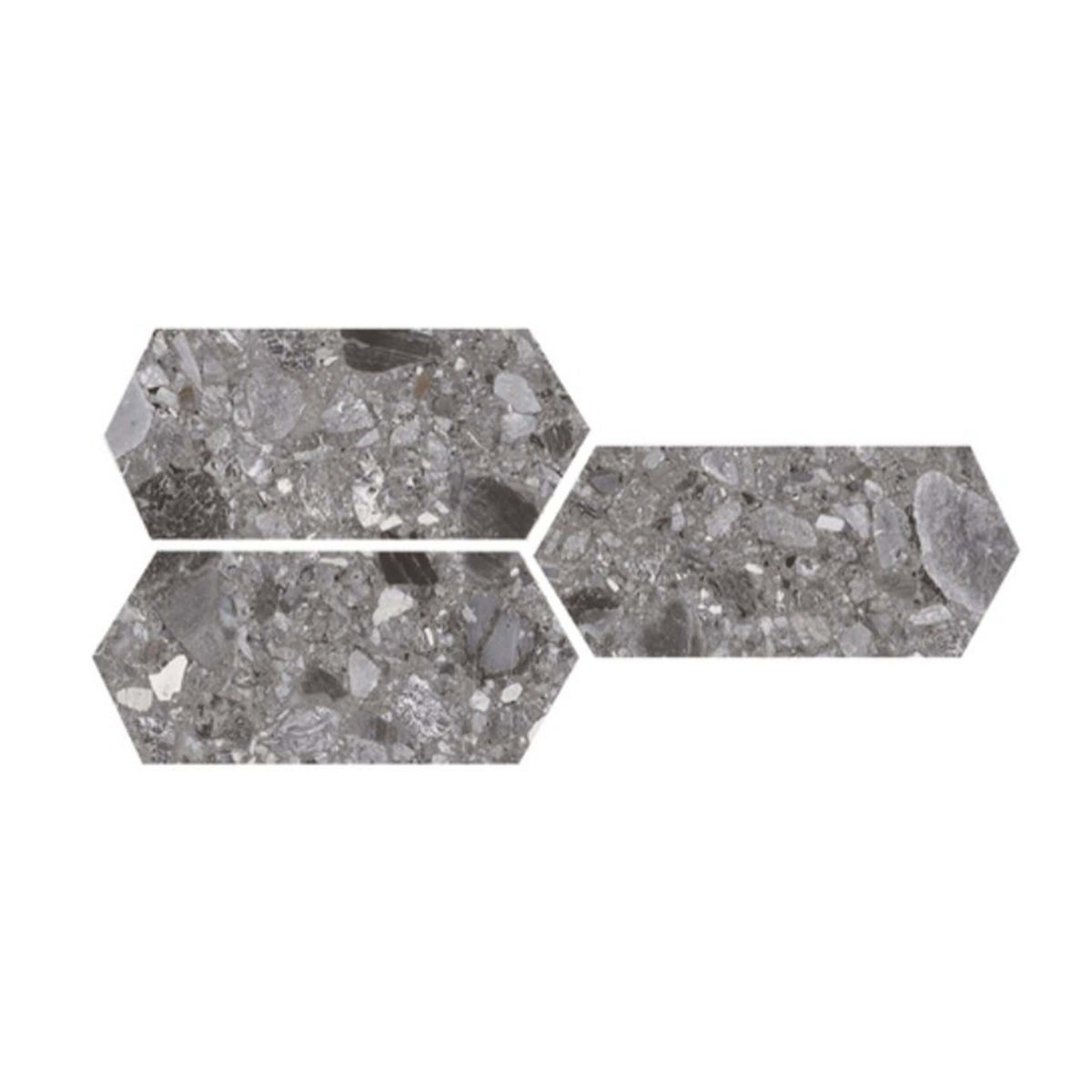 Ceppo Stone long hexagon 264x300mm dark terrazzo-look tiles in stacked arrangement by Tilemall