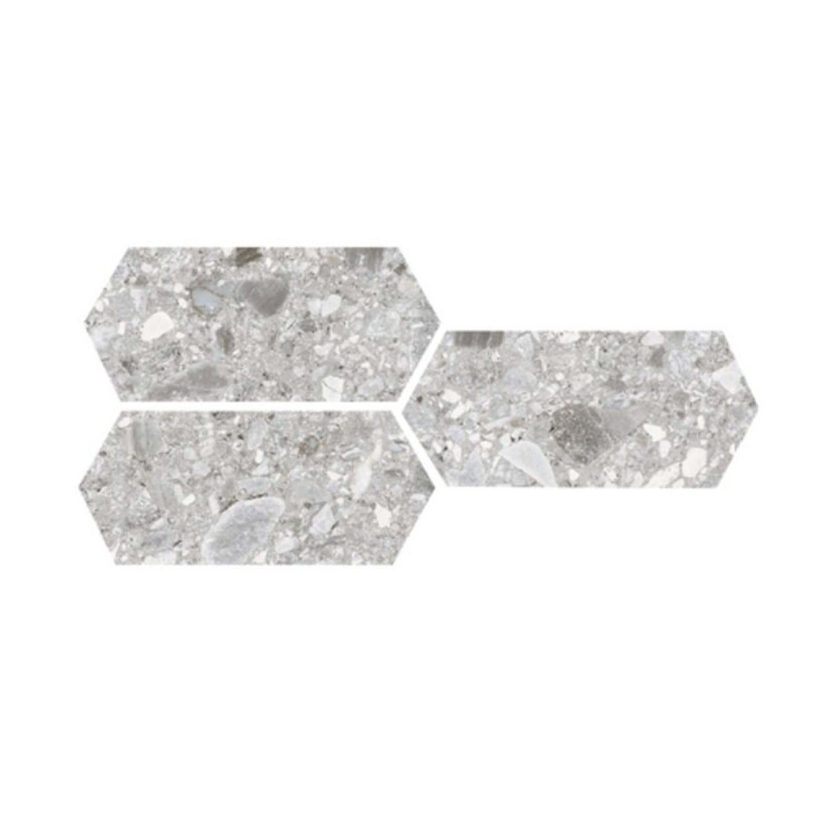 Ceppo Stone 264x300mm long hexagon terrazzo-look tiles in medium grey with SurfaceTec finish by Tilemall