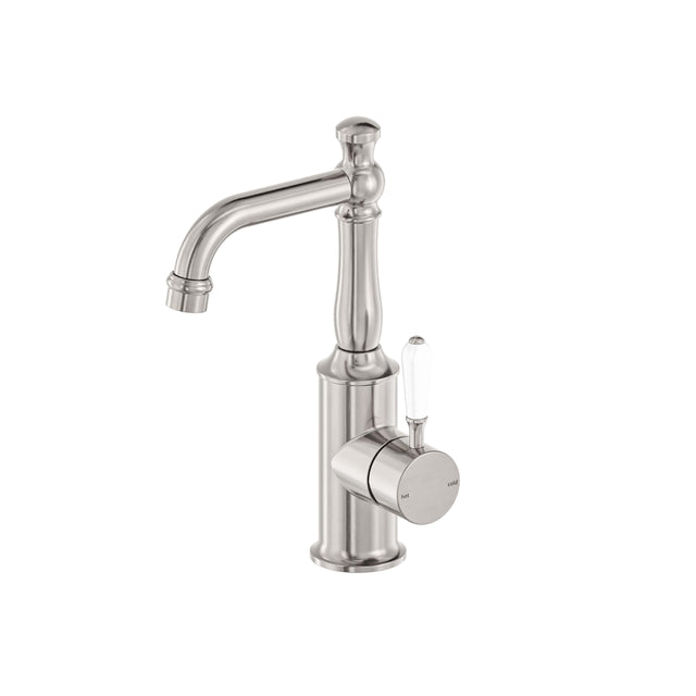 Nero York Basin Mixer With White Porcelain Lever Brushed Nickel Tapware Nero Default Title