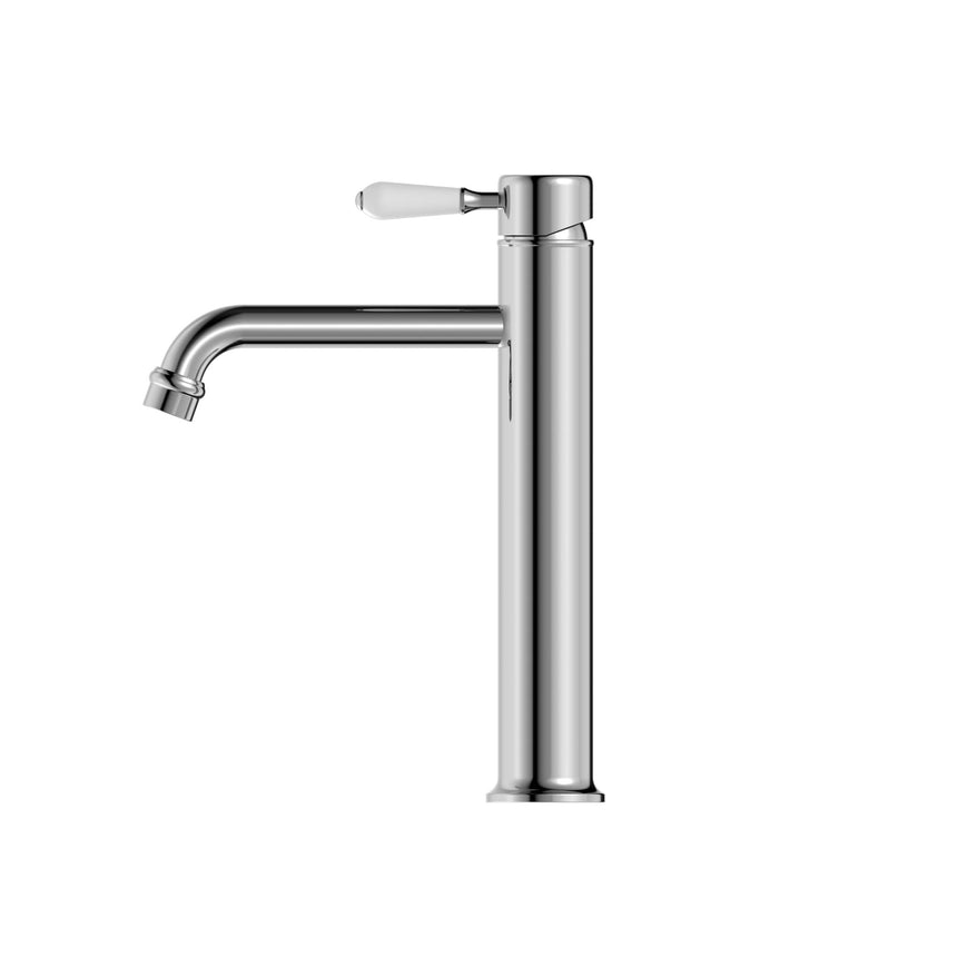 Nero York Straight Tall Basin Mixer With White Porcelain Lever Chrome Tapware Nero