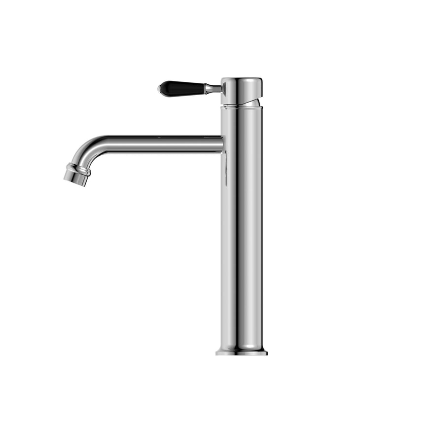 Nero York Straight Tall Basin Mixer With Black Porcelain Lever Chrome Tapware Nero