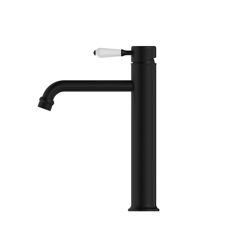 Nero York Straight Tall Basin Mixer With White Porcelain Lever Matte Black Tapware Nero