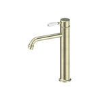 Nero York Straight Tall Basin Mixer With White Porcelain Lever Aged Brass