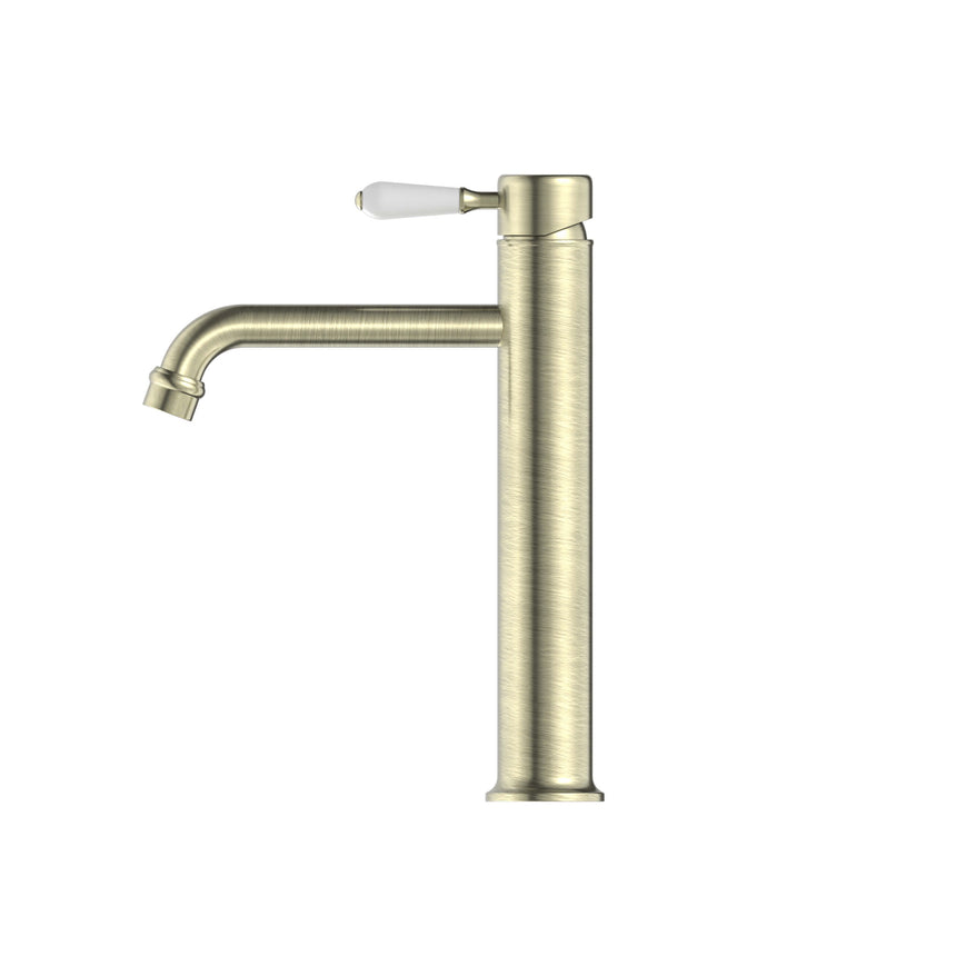 Nero York Straight Tall Basin Mixer With White Porcelain Lever Aged Brass Tapware Nero