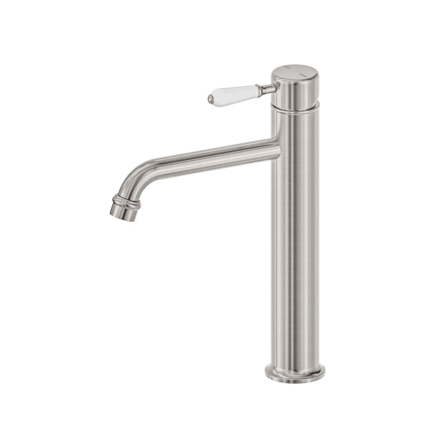 Nero York Straight Tall Basin Mixer With White Porcelain Lever Brushed Nickel Tapware Nero Default Title